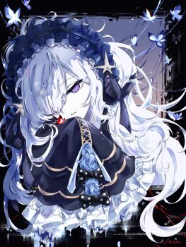 1girl absurdres black_background black_horns blue_butterfly blue_hairband bow bug butterfly caomu_ning_wei_shuang chinese_commentary commentary_request gothic_lolita hair_over_one_eye hairband highres horns insect lolita_fashion lolita_hairband long_hair long_sleeves looking_at_viewer mahou_shoujo_no_majo_saiban natsume_an-an polka_dot polka_dot_bow purple_eyes red_butterfly sleeves_past_fingers sleeves_past_wrists solo spoilers upper_body white_hair witch_(manosaba)