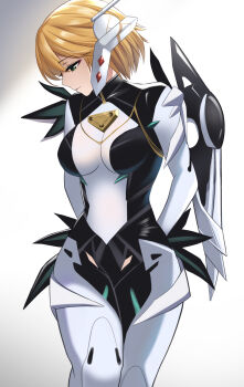 1girl arms_behind_back black_bodysuit blonde_hair bodysuit breasts closed_mouth commentary_request cyborg fiora_(xenoblade) highres large_breasts looking_down mecha-fiora multicolored_bodysuit namu_(112namu) sad solo two-tone_bodysuit white_bodysuit xenoblade_chronicles_(series) xenoblade_chronicles_1