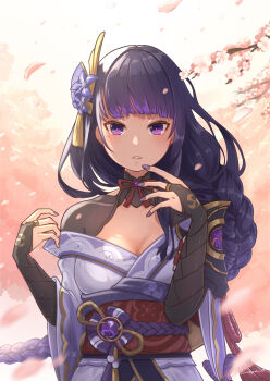 Rule 34 | 1girl, absurdres, artist name, blunt bangs, blurry, blush, braid, breasts, bridal gauntlets, cherry blossoms, cleavage, clothing cutout, commentary, depth of field, falling petals, fan hair ornament, genshin impact, hair ornament, highres, huge breasts, japanese clothes, kimono, large breasts, long braid, looking at viewer, mitsudomoe (shape), mole, mole under eye, motion blur, neck ribbon, off shoulder, outdoors, parted lips, petals, pink petals, purple kimono, purple nails, raiden shogun, red ribbon, red sash, ribbon, s-masa 7131, sash, short sleeves, shoulder cutout, shy, single braid, solo, standing, tomoe (symbol), upper body, wide sleeves