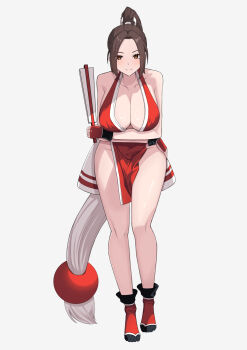 1girl arms_under_breasts bare_legs breasts brown_eyes brown_hair cleavage commentary_request curvy ex42039 fatal_fury fingerless_gloves folded_fan folding_fan full_body gloves hand_fan high_ponytail highres holding holding_fan japanese_clothes large_breasts long_hair looking_at_viewer motoyui pelvic_curtain ponytail red_gloves ring_light_reflection shiranui_mai simple_background solo standing the_king_of_fighters thighs very_long_hair