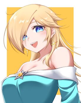 1girl :d bare_shoulders blonde_hair blue_dress blue_eyes blush border breasts brooch cleavage commentary dress earrings highres jewelry long_hair looking_at_viewer mario_(series) nintendo off-shoulder_dress off_shoulder open_mouth outside_border rosalina smile solo star_(symbol) star_brooch star_earrings symbol-only_commentary tomatomiya upper_body white_border yellow_background