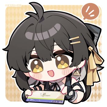 1girl antenna_hair black_gloves black_hair border chibi chibi_only chinese_commentary commentary_request earrings envelope female_rover_(wuthering_waves) gloves hair_ornament hair_ribbon hairclip highres holding holding_envelope jewelry kyou_039 open_mouth orange_background parallel_hairclips ribbon rover_(wuthering_waves) smile solo spoken_expression triangle_earrings twitter_username white_border wuthering_waves yellow_eyes yellow_ribbon