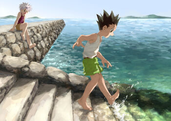 2boys barefoot black_hair gon_freecss hunter_x_hunter killua_zoldyck male_focus multiple_boys odenkong outdoors shirt short_hair shorts shota sleeveless sleeveless_shirt spiked_hair tank_top white_hair