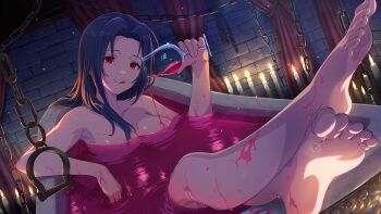 1girl :q alcohol barefoot bathtub blue_hair breasts closed_mouth commentary_request cup drinking_glass feet game_cg idolmaster idolmaster_(classic) idolmaster_million_live! idolmaster_million_live!_theater_days in_bathtub indoors large_breasts long_hair looking_at_viewer miura_azusa nude official_alternate_hair_length official_alternate_hairstyle official_art partially_submerged red_eyes smile soles solo third-party_source toes tongue tongue_out wet wine wine_glass