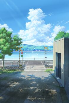 absurdres bird blue_sky building cloud commentary_request cumulonimbus_cloud day harbor highres landscape mountain mountainous_horizon no_humans ocean original railing railroad_crossing railroad_tracks road shadow sky tree vanishing_point white_bird yosanann