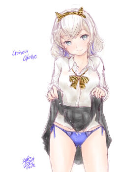 1girl animal_print armband black_skirt blonde_hair blue_hair blue_panties bow bowtie character_name clothes_lift collared_shirt colored_inner_hair commentary_request cone_horns dated dress_shirt fake_horns gloire_(kancolle) gloire_kai_(setsubun)_(kancolle) grey_eyes horns kantai_collection koshigaya_tatsumi multicolored_hair one-hour_drawing_challenge panties pleated_skirt school_uniform shirt short_hair side-tie_panties signature simple_background skirt skirt_lift solo striped_bow striped_bowtie striped_clothes tiger_print underwear white_background white_shirt yellow_armband yellow_bow yellow_bowtie