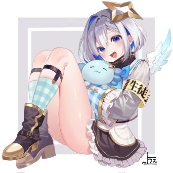 1girl :d amane_kanata amane_kanata_(1st_costume) armband black_boots black_skirt blue_eyes blue_hair blue_socks boots border colored_inner_hair commentary creature frilled_skirt frills full_body grey_background grey_hair grey_jacket hair_intakes halo head_tilt highres holding holding_creature hololive jacket long_sleeves looking_at_viewer multicolored_hair open_mouth plaid_clothes plaid_socks short_hair sidelocks simple_background sitting skirt smile socks solo star_halo symbol-only_commentary uekana9 upao_(amane_kanata) virtual_youtuber white_border white_socks yellow_armband