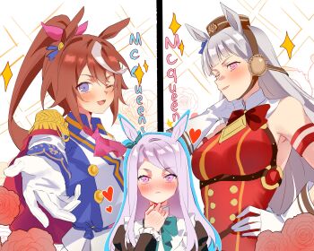 3girls animal_ears ascot black_jacket blazer blue_eyes blush bow bowtie breasts brown_hair brown_hat capelet closed_mouth collared_jacket dot_nose dress ear_ornament english_text epaulettes female_focus flat_chest flower frills gloves gold_ship_(red_strife)_(umamusume) gold_ship_(umamusume) green_bow green_neckerchief green_ribbon grey_hair hair_bow hair_ribbon hat highres horse_ears horse_girl jacket juliet_sleeves large_breasts long_hair long_sleeves looking_at_viewer mejiro_mcqueen_(frontline_elegance)_(umamusume) mejiro_mcqueen_(umamusume) military multicolored_hair multiple_girls neckerchief one_eye_closed open_mouth pink_ascot pink_bow pink_eyes pink_flower pink_ribbon ponytail puffy_sleeves purple_eyes purple_hair racing_suit red_bow red_bowtie red_capelet red_dress ribbon sleeveless strap streaked_hair tight_clothes tight_dress tokai_teio_(peak_joy)_(umamusume) tokai_teio_(umamusume) two-tone_hair umamusume white_gloves white_jacket white_streaks yuha6666 yuri