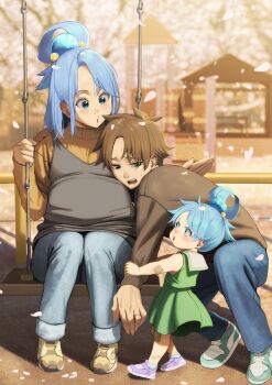 1boy 2girls :o aqua_(konosuba) blue_eyes blue_hair brown_hair brown_shoes brown_sweater child denim dress green_dress highres if_they_mated izawa_(bhive003) jeans kono_subarashii_sekai_ni_shukufuku_wo! long_hair long_sleeves multiple_girls on_swing outdoors pants petals pregnant satou_kazuma shoes short_hair sitting sweater swing