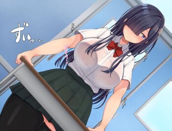 Rule 34 | 1girl, arms at sides, black hair, blush, bouncing breasts, bow, bowtie, breasts, closed mouth, desk, emaason, embarrassed, female focus, from below, green skirt, hair over one eye, highres, holding, holding table, huge breasts, indoors, kuronuma honoka, legs, long hair, looking to the side, mole, mole under mouth, motion lines, original, pleated skirt, purple eyes, red neckwear, school uniform, skirt, solo, sound effects, standing, thick thighs, thighhighs, thighs, zettai ryouiki