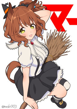 1girl animal_ears arm_up aston_machan_(umamusume) asymmetrical_legwear black_skirt blush breasts broom broom_riding brown_hair genzo_nasu green_eyes hair_between_eyes hair_ornament hair_scrunchie halloween halloween_costume hat highres horse_ears horse_girl horse_tail looking_at_viewer medium_breasts medium_hair open_mouth ponytail scrunchie shirt shoes short_sleeves skirt smile socks solo striped_clothes striped_socks tail tilted_headwear umamusume uneven_legwear white_shirt witch_hat