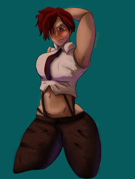 1girl breasts female_focus galooart huge_breasts large_breasts looking_at_viewer nipples pants red_eyes red_hair shirt short_hair the_king_of_fighters thick_thighs thighs vanessa_(kof) white_shirt