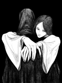 Rule 34 | 1girl, 1other, black background, black hair, black outline, greyscale, highres, hooded robe, hug, long hair, long sleeves, monochrome, original, outline, robe, solo focus, tp p pt, wide sleeves