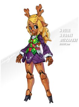 1girl animal_ears antlers blonde_hair breasts buck_teeth deer_antlers deer_ears deer_girl deer_tail deltarune freckles full_body furry furry_female highres horns joints long_hair long_sleeves lordyanyu mechanical_dress mechanical_hair mechanization noelle_holiday reindeer_girl robot robot_girl robot_joints simple_background small_breasts smile solo standing tail teeth utdr_(toby_fox) white_background