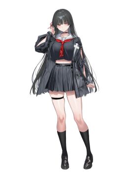 1girl absurdres black_jacket black_serafuku black_shoes black_skirt black_socks blush breasts chisa_(wuthering_waves) closed_mouth commentary_request full_body hair_ornament hair_ribbon hand_up hidis0086 highres jacket large_breasts long_hair long_sleeves looking_at_viewer open_clothes open_jacket pleated_skirt red_eyes red_ribbon ribbon school_uniform serafuku shoes simple_background skindentation skirt smile socks solo standing thigh_strap thighs white_background wuthering_waves