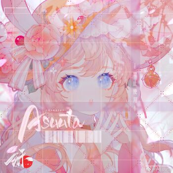 1girl animal_ears artist_name asuuta barcode blue_eyes bow chinese_commentary choker colored_eyelashes commentary_request commission curious ears_through_headwear flower frilled_headwear hair_between_eyes hair_flower hair_ornament hat hat_bell hat_bow hat_flower highres jacket leaf lipstick long_hair long_sleeves looking_ahead looking_at_viewer makeup open_mouth orange_choker original outdoors own_hands_together pink_bow pink_flower pink_hair pink_lips pink_sleeves plant rabbit_ears sample_watermark sky solo striped_bow sun_hat teeth thick_eyebrows too_many_watermarks two-tone_bow upper_body upper_teeth_only vines watermark watermark_grid weibo_watermark white_bow white_flower white_jacket white_sky wide_sleeves yellow_flower yellow_hat