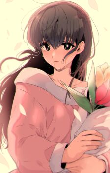 1girl black_eyes black_hair bouquet breasts collarbone commentary_request falling_leaves flower flower_wrapper holding holding_bouquet leaf long_hair looking_at_viewer maison_ikkoku medium_breasts otonashi_kyouko parted_lips pink_shirt red_flower red_tulip shirt shotan simple_background solo tears tulip upper_body