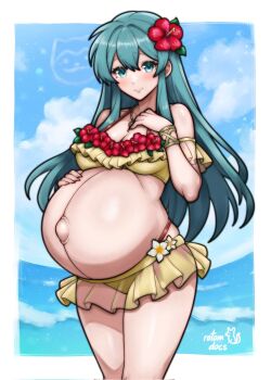 1girl aqua_eyes aqua_hair artist_name bare_shoulders big_belly bikini blue_sky breasts cleavage closed_mouth cloud commentary commission cowboy_shot cumulonimbus_cloud double-parted_bangs eirika_(fire_emblem) eirika_(summer)_(fire_emblem) english_commentary fire_emblem fire_emblem:_the_sacred_stones fire_emblem_heroes flower furrowed_brow hair_between_eyes hair_flower hair_ornament hand_on_own_chest hands_on_own_stomach hibiscus highres jewelry ko-fi_commission large_breasts layered_bikini legs_together light_blush long_hair looking_at_viewer necklace nintendo ocean off-shoulder_bikini off_shoulder official_alternate_costume outie_navel outside_border pregnant red_bikini red_flower rotomdocs sky solo standing swimsuit very_long_hair water white_flower yellow_bikini