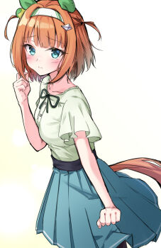 Rule 34 | 1girl, absurdres, alternate hair length, alternate hairstyle, animal ears, blue eyes, blue skirt, blush, clenched hand, closed mouth, ear covers, green shirt, hairband, highres, horse ears, horse girl, horse tail, looking at viewer, orange hair, playing with own hair, pleated skirt, shirt, short hair, short sleeves, silence suzuka (umamusume), skirt, solo, tail, tiara (871220), umamusume, white hairband