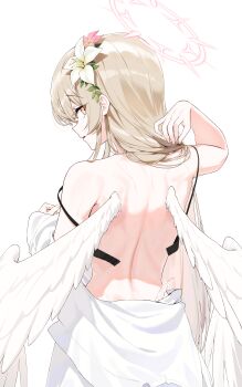 1girl absurdres angel_wings black_bra blonde_hair blue_archive bra bra_strap commentary_request feathered_wings feathers flower from_behind hair_flower hair_ornament halo highres long_hair looking_at_viewer looking_back median_furrow nagisa_(blue_archive) open_mouth sgholln sideways_glance simple_background solo sweat underwear white_background white_feathers white_flower white_wings wings