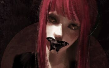1girl animal_on_face anirrie black_shirt bug butterfly chainsaw_man commentary english_commentary highres horror_(theme) insect long_hair makima_(chainsaw_man) realistic red_hair shirt solo staring yellow_eyes