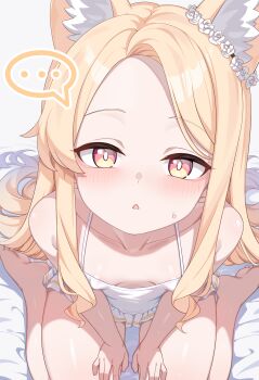 1girl animal_ears areola_slip blonde_hair blue_archive covered_erect_nipples ear_ornament fox_ears highres loli long_hair looking_at_viewer looking_up navel nude parted_bangs seia_(blue_archive) sitting solo thighs