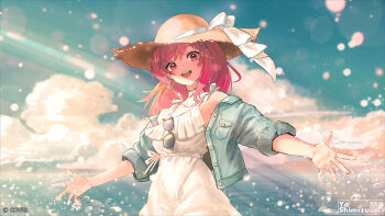 1girl :d alternate_costume blue_jacket blue_sky cloud commentary_request copyright_name cumulonimbus_cloud day denim denim_jacket dress earrings eyewear_hang frilled_dress frills gradient_hair hair_ornament hairclip hat hololive hololive_dev_is ichijou_ririka jacket jewelry lens_flare light_particles long_hair looking_at_viewer multicolored_hair off_shoulder official_art open_mouth orange_hair outdoors pink_hair qr_code sky smile solo straw_hat sun_hat sundress sunglasses swept_bangs teeth three-quarter_sleeves unworn_eyewear upper_teeth_only virtual_youtuber white_dress you_shimizu