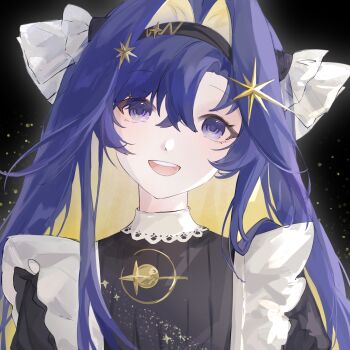 1girl :d absurdres apron black_background black_dress black_hairband blonde_hair blue_eyes blue_hair colored_inner_hair dress frilled_apron frills hair_intakes hair_ornament hairband head_tilt highres long_hair looking_at_viewer multicolored_hair open_mouth reverse:1999 school_uniform smile solo soviet_school_uniform star_(symbol) star_hair_ornament teeth upper_body upper_teeth_only voyager_(reverse:1999) white_apron xianqianning