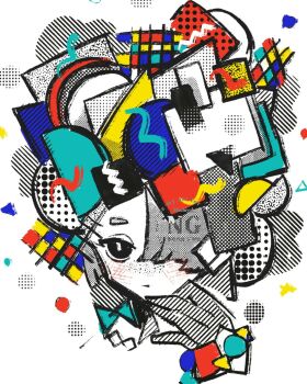 Rule 34 | 1girl, abstract, closed mouth, colorful, gloves, hair over one eye, halftone, hand up, hatching (texture), highres, linear hatching, looking at viewer, machigami yoh, one eye covered, original, portrait, shapes, short hair, solo, watermark, white background