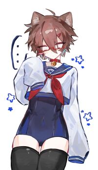 1boy absurdres ahoge androgynous animification bell bishounen black_thighhighs blank_eyes blue_one-piece_swimsuit blush_stickers brown_hair chinese_commentary collar commentary_request cowboy_shot creepypasta crossdressing crossdressing_(mtf) girly_boy glasses hair_ornament hairclip hand_up herobrine highres jingle_bell long_sleeves looking_at_viewer male_focus minecraft neckerchief one-piece_swimsuit red-framed_eyewear red_collar red_neckerchief school_swimsuit school_uniform serafuku shirt short_hair simple_background single_blush_sticker solo swimsuit thighhighs white_background white_shirt yeyajiyamalu
