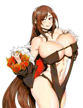 1girl absurdres bare_shoulders black_dress black_gloves black_jacket blush breasts brown_hair center_opening choker cleavage collarbone commentary_request cropped_jacket dress earrings elbow_gloves fate/grand_order fate_(series) fur-trimmed_jacket fur_trim gloves highres jacket jewelry korean_commentary large_breasts licking_lips long_hair looking_at_viewer minew navel off_shoulder open_clothes open_jacket pelvic_curtain red_eyes ribbon-trimmed_dress ribbon_trim smile solo thighs tongue tongue_out very_long_hair yu_mei-ren_(fate) yu_mei-ren_(third_ascension)_(fate)