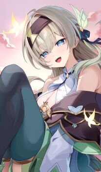 1girl absurdres bare_shoulders black_hairband black_jacket blue_eyes breasts bug butterfly cleavage commentary firefly_(honkai:_star_rail) frilled_shirt_collar frills green_thighhighs grey_hair hair_between_eyes hairband highres honkai:_star_rail honkai_(series) insect jacket knees_up long_hair looking_at_viewer medium_breasts open_mouth outdoors sasunopi shirt sitting smile solo thighhighs white_shirt yellow_butterfly