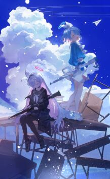 2girls :d arona_(blue_archive) axleaki black_choker black_coat black_hairband black_pantyhose black_sailor_collar black_serafuku black_shoes black_skirt blue_archive blue_hair blue_halo blue_shirt blue_sky blush bow bow_hairband bowtie braid choker closed_eyes closed_mouth cloud coat colored_inner_hair commentary_request cumulonimbus_cloud desk facing_viewer from_side full_body gun hair_over_one_eye hairband halo highres holding holding_gun holding_weapon horizon loafers long_hair long_sleeves midriff_peek multicolored_hair multiple_girls neckerchief on_desk one_eye_covered open_mouth outdoors pantyhose paper_airplane pink_hair plana_(blue_archive) pleated_skirt puffy_long_sleeves puffy_sleeves red_halo sailor_collar school_desk school_uniform serafuku shirt shoes short_hair single_braid sitting skirt sky smile sneakers standing umbrella_gun very_long_hair weapon white_bow white_bowtie white_choker white_hair white_hairband white_neckerchief white_sailor_collar white_shoes white_skirt
