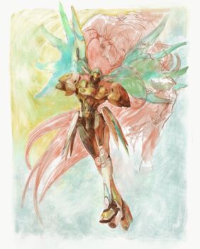1boy border closed_mouth commentary_request crescens highres humanoid_robot id_(xenogears) kosibahara long_hair mecha red_hair robot very_long_hair white_border wings xenogears