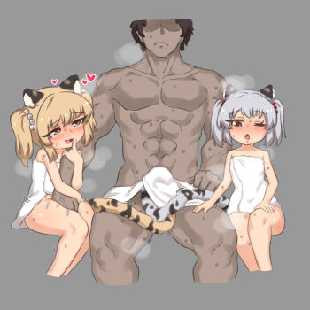 1boy 2girls animal_ears armpits bai_(granblue_fantasy) basukechi blush bulge cidala_(granblue_fantasy) cindala_(granblue_fantasy) erection erection_under_clothes granblue_fantasy grey_background highres huang_(granblue_fantasy) looking_at_penis multiple_girls tail tailjob towel