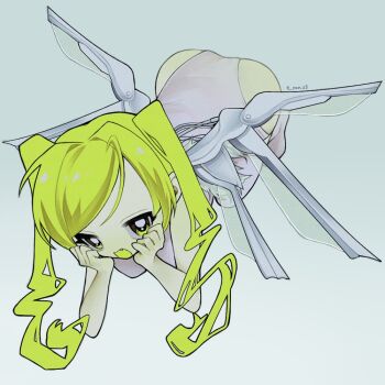 1girl 9_ron23 all_fours ass breasts fang full_body green_eyes green_hair grey_background hands_on_own_cheeks hands_on_own_face leotard long_hair looking_at_viewer mechanical_wings open_mouth original small_breasts solo swept_bangs thighhighs twintails twitter_username white_leotard white_thighhighs wings