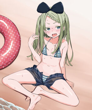 1girl absurdres aqua_eyes aqua_pupils arm_support barefoot beach bikini black_bow blush bow braid braided_bangs collarbone commentary_request denim denim_shorts flat_chest forehead green_hair hair_bow hand_up highres innertube long_hair navel no_shirt open_clothes open_fly open_mouth open_shorts original petite sand short_shorts shorts sitting solo stomach string_bikini striped_bikini striped_clothes sweat swim_ring swimsuit two_side_up urushiushiru v-shaped_eyebrows variant_set