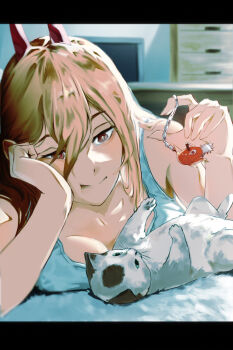 breast_press breasts brown_eyes brown_hair cat chainsaw_man character_charm charm_(object) demon_girl demon_horns gcey4478 hand_on_own_cheek hand_on_own_face head_rest highres horns indoors long_hair lying medium_breasts meowy_(chainsaw_man) on_stomach pochita_(chainsaw_man) power_(chainsaw_man) red_horns tank_top white_tank_top