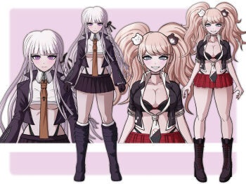 2girls a_beautiful_man_(middinos) absurdres bear_hair_ornament blue_eyes breasts choker cleavage danganronpa:_trigger_happy_havoc danganronpa_(series) enoshima_junko female_focus full_body gloves hair_ornament highleg highleg_panties highres kirigiri_kyoko large_breasts long_hair looking_at_viewer matching_hair/eyes middinos miniskirt multiple_girls necktie panties pink_hair purple_eyes purple_hair skirt twintails underwear