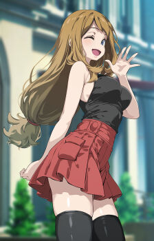 1girl bare_shoulders black_shirt black_thighhighs blue_eyes blush breasts brown_hair commentary_request hand_up highres large_breasts long_hair looking_at_viewer low-tied_long_hair nintendo one_eye_closed open_mouth outdoors pleated_skirt pokemon pokemon_xy red_skirt serena_(pokemon) shirt skirt sleeveless sleeveless_shirt smile solo standing thighhighs tsukishiro_saika waving