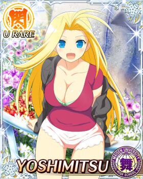 1girl :d antenna_hair black_jacket blonde_hair blue_eyes border bra bra_peek breasts card_(medium) casual character_name flower game_cg green_bra hair_intakes hand_on_railing jacket large_breasts long_hair official_art on_railing open_clothes open_jacket open_mouth parted_bangs pink_shorts railing red_shirt senran_kagura senran_kagura_new_wave shirt shorts sitting smile solo thigh_gap underwear yoshimitsu_(senran_kagura)