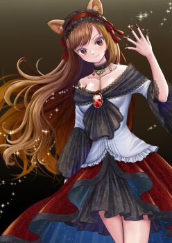 1girl animal_ear_fluff animal_ears breasts brooch brown_hair closed_mouth collarbone commentary_request dress embellished_costume fingernails frilled_hairband frills hairband highres imaizumi_kagerou jewelry kyabekko lolita_hairband long_fingernails long_hair long_sleeves looking_at_viewer off-shoulder_dress off_shoulder red_eyes red_hairband red_nails smile solo touhou very_long_hair white_dress wide_sleeves wolf_ears wolf_girl