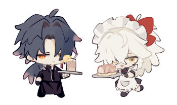 2boys alternate_costume apron black_apron black_gloves blade_(honkai:_star_rail) bow chibi chibi_only cup dress drink drinking_glass food fruit gloves hair_bow hair_over_one_eye holding holding_tray honkai:_star_rail honkai_(series) jing_yuan lemon lemon_slice long_hair maid maid_apron maid_headdress male_focus mississipping multiple_boys open_mouth pants ponytail red_bow red_eyes short_sleeves simple_background smile tray white_apron white_background white_hair yellow_eyes