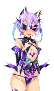 1girl animal_ears arms_behind_back bare_shoulders blue_hair blush breasts corruption covered_erect_nipples covered_eyes covered_navel cowboy_shot dark_persona earrings elbow_gloves evil_aqua eye_mask fang fujii_natsumi_(ysphere) game_cg gem gloves glowing gradient_hair highleg highleg_leotard jewelry large_variant_set leotard mask mind_control multicolored_hair non-web_source nose_blush official_art open_mouth pubic_tattoo purple_hair satou_kuuki shiny_clothes shiny_skin short_hair simple_background small_breasts solo soukou_seiki_ysphere standing tattoo thighhighs tongue tongue_out transparent_background twintails variant_set white_background