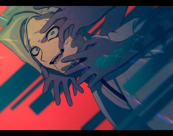 Rule 34 | 1boy, atltax 00, blonde hair, blue eyes, blurry, blurry foreground, coat, constricted pupils, drooling, dutch angle, facing to the side, hands in another's hair, hands on another's back, hands on another's face, hands on another's shoulders, letterboxed, light particles, looking to the side, male focus, muted color, open clothes, open coat, open mouth, parted hair, red background, saliva, scared, shirt, spectre (yu-gi-oh!), sweatdrop, upper body, white coat, white shirt, yu-gi-oh!, yu-gi-oh! vrains