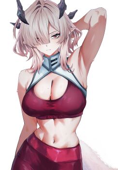 1girl alternate_costume arknights arknights:_endfield armpits breasts cleavage closed_mouth commentary dragon_horns ei_(eiei_e1) grey_hair highres horns large_breasts looking_at_viewer mi_fu_(arknights) mole mole_on_breast mole_under_eye navel pants pointy_ears presenting_own_armpit red_pants red_sports_bra simple_background solo sports_bra sweat toned toned_female white_background yoga_pants