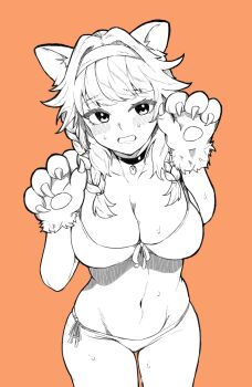 1girl absurdres animal_ears animal_hands bikini blush breasts cat_ears cat_paws cleavage collar commentary cowboy_shot embarrassed english_commentary hairband highres hololive hololive_english large_breasts lavacacticus long_hair navel nervous_sweating orange_background partially_colored simple_background solo stomach sweat swimsuit takanashi_kiara virtual_youtuber