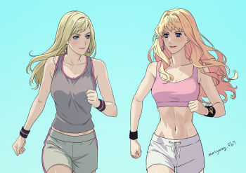 Rule 34 | 2girls, aqua background, artist name, bare shoulders, blonde hair, blue eyes, breasts, cleavage, clenched hands, closed mouth, collarbone, commentary request, cowboy shot, crop top, dated, earrings, gigi andalusia, grey shorts, grey tank top, gundam, gundam hathaway's flash, highres, jewelry, light blush, long hair, looking at another, macross, macross frontier, medium breasts, midriff, multiple girls, navel, parted lips, pink shirt, running, ryu (masu nantoka-san), sheryl nome, shirt, shorts, sleeveless, sleeveless shirt, smile, straight hair, tank top, wavy hair, white shorts, wristband