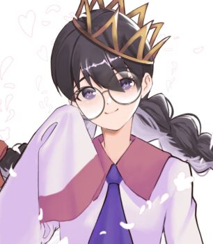 Rule 34 | 1girl, black hair, braid, cropped, crown, glasses, haruchika (spring 0 a), highres, kirby (series), kirby 64, long hair, looking at viewer, low twin braids, nintendo, petals, purple eyes, ripple star queen, sleeves past fingers, sleeves past wrists, smile, solo, twin braids, white background