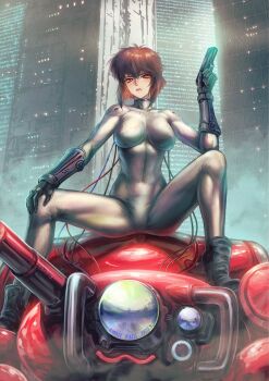 1girl breasts city fuchikoma ghost_in_the_shell gun kusanagi_motoko large_breasts sitting weapon